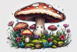 Happy anthropomorphic mushroom tattoo idea
