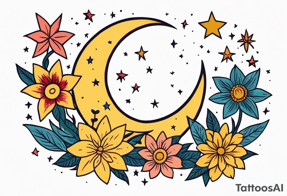 stars and moon

old school vintage simple traditional design with vintage flowers surrounding
bold color simple tattoo idea