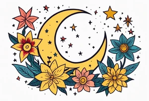 stars and moon

old school vintage simple traditional design with vintage flowers surrounding
bold color simple tattoo idea