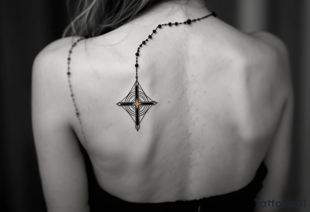 Minimalist geometric rosary tattoo: precise black‑ink circles (beads) decreasing subtly in size, linked by perfectly straight, fine lines to form clean angles rather than curves; the strand drapes in a crisp isosceles‑triangle silhouette across the forearm. Where the pendant would hang, a small concentric‑line cross sits inside a outlined golden‑ratio spiral, all rendered in thin charcoal‑black lines with a single muted‑copper accent on the cross for contrast—overall a sleek, math‑inspired aesthetic with no shading, just pure linework. tattoo idea
