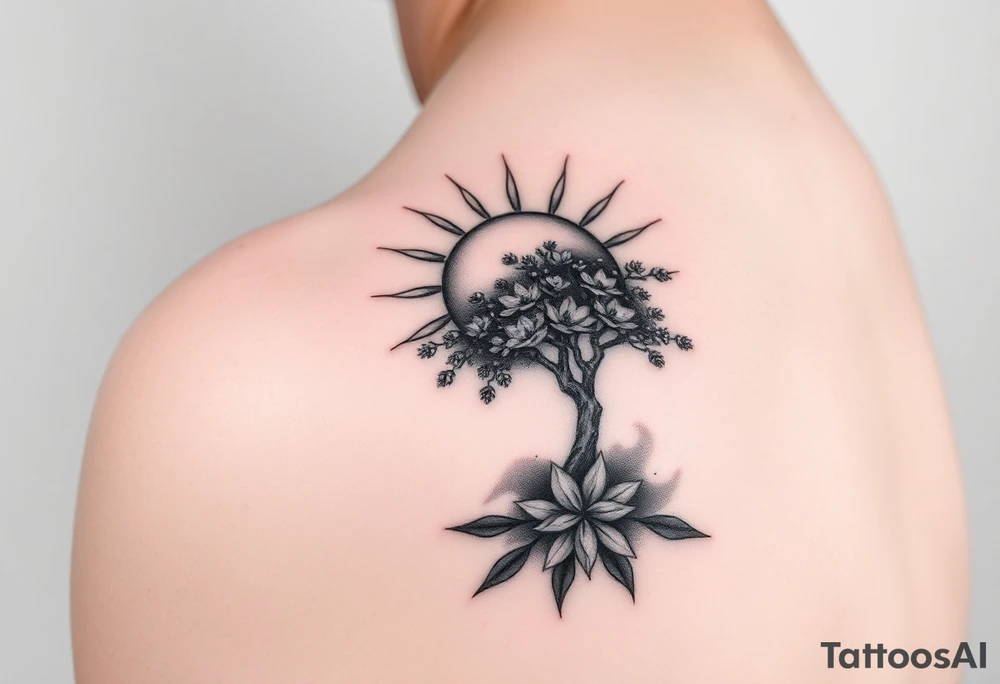 sun 
 surrounding by clouds, tree blooming with flowers on the shoulder tattoo idea