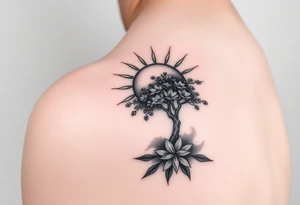 sun 
 surrounding by clouds, tree blooming with flowers on the shoulder tattoo idea