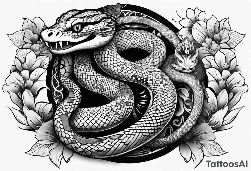 sleeve tattoo with a snake and Japanese designs tattoo idea
