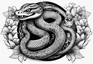 sleeve tattoo with a snake and Japanese designs tattoo idea