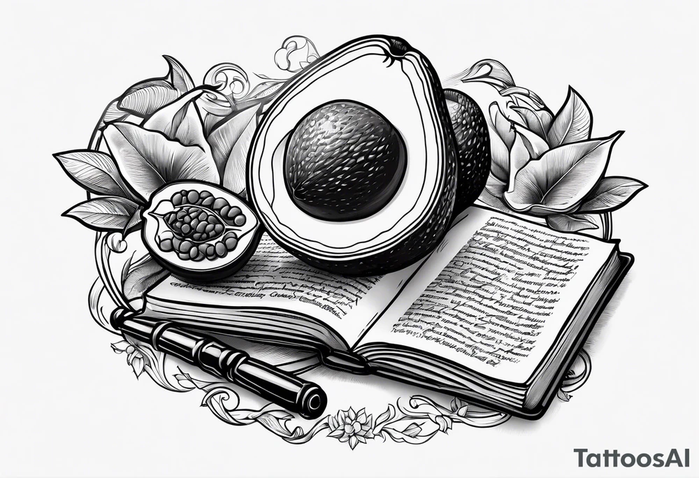 An avocado drinking wine and reading a book tattoo idea
