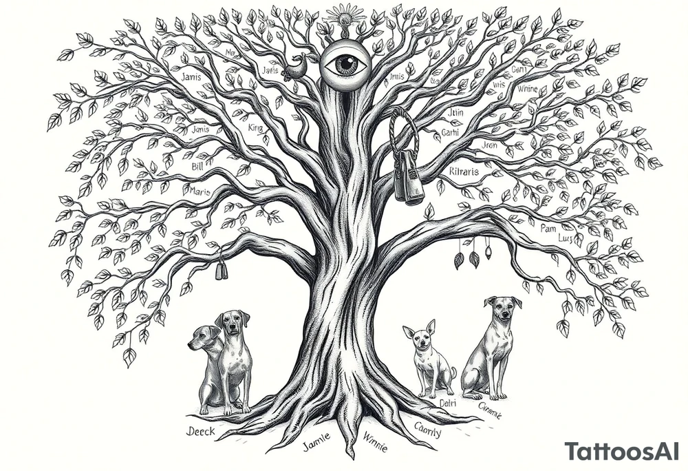 Hippy beech tree full of life. 
Jamie, Derek, Iris, John, bill, Winnie names in the roots, Mavis, Garhi, Mickey, Pam, Lucy, in the branches at the top. Names can be in Hebrew. 
Three dogs a Rhodesian Ridgeback, King Charles cavalier and chihuahua. 
Prett, feminine ornate. Boxing gloves hanging from tree maybe with an all seeing eye overseeing it all. Must be feminine and pretty tattoo idea