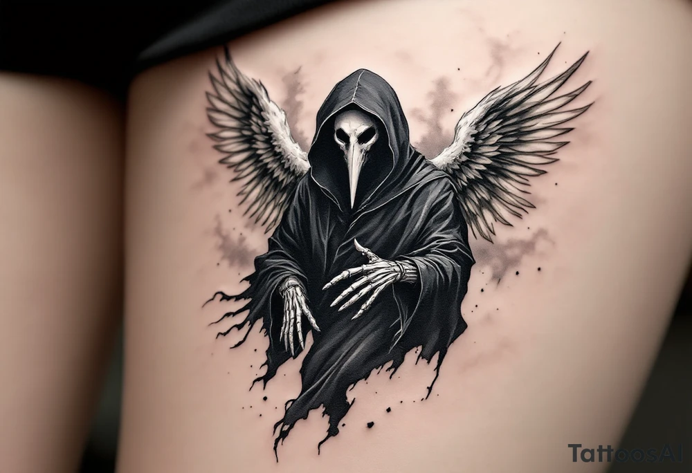 Plague Doctor as an Angel of Death – A floating plague doctor with tipical long nose mask with skeletal hands, dressed in a black hooded robe with smoky white edges. Behind them, tattered white and gray angel wings fade into mist. tattoo idea