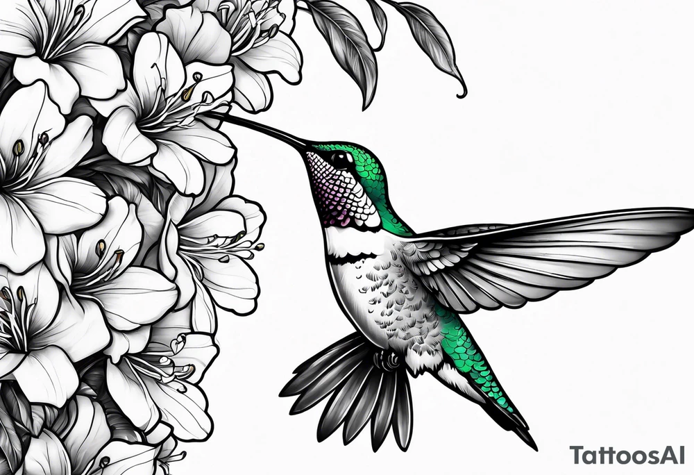 Hummingbird eating from azalea flowers tattoo idea
