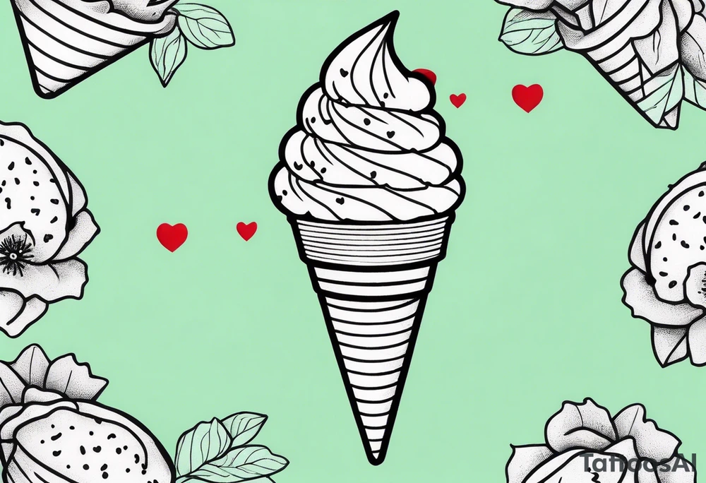 simple mint chocolate chip ice cream cone with small red heart on it somewhere. tattoo idea