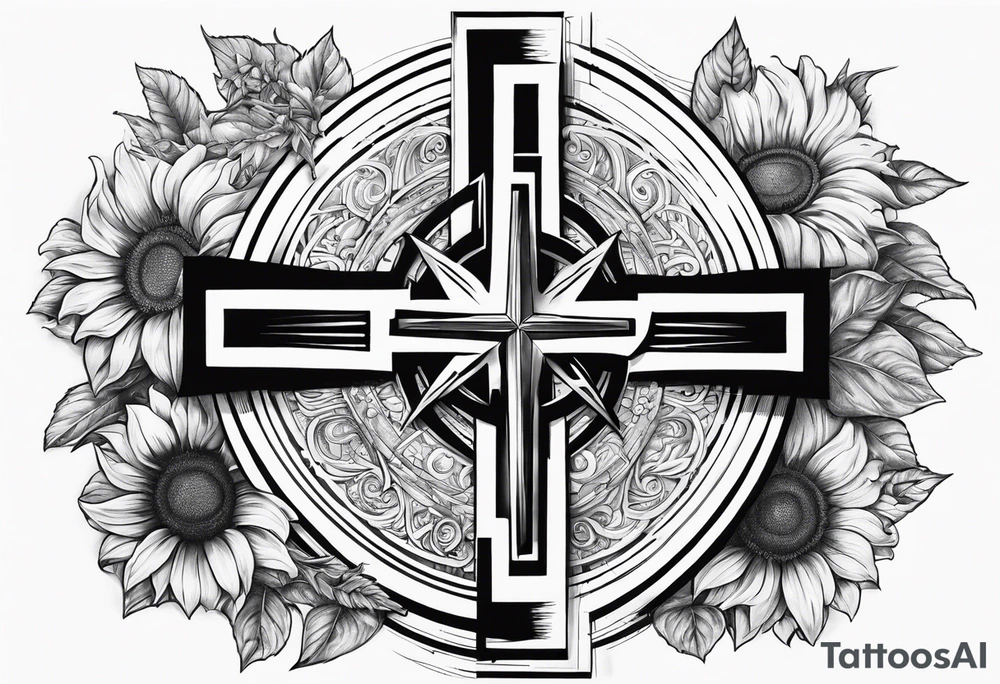 A central cross with the names Kyle Peter Lori on it with lighting a motorcycle and a sunflower around it tattoo idea