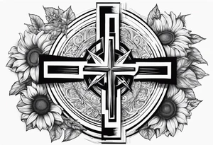 A central cross with the names Kyle Peter Lori on it with lighting a motorcycle and a sunflower around it tattoo idea