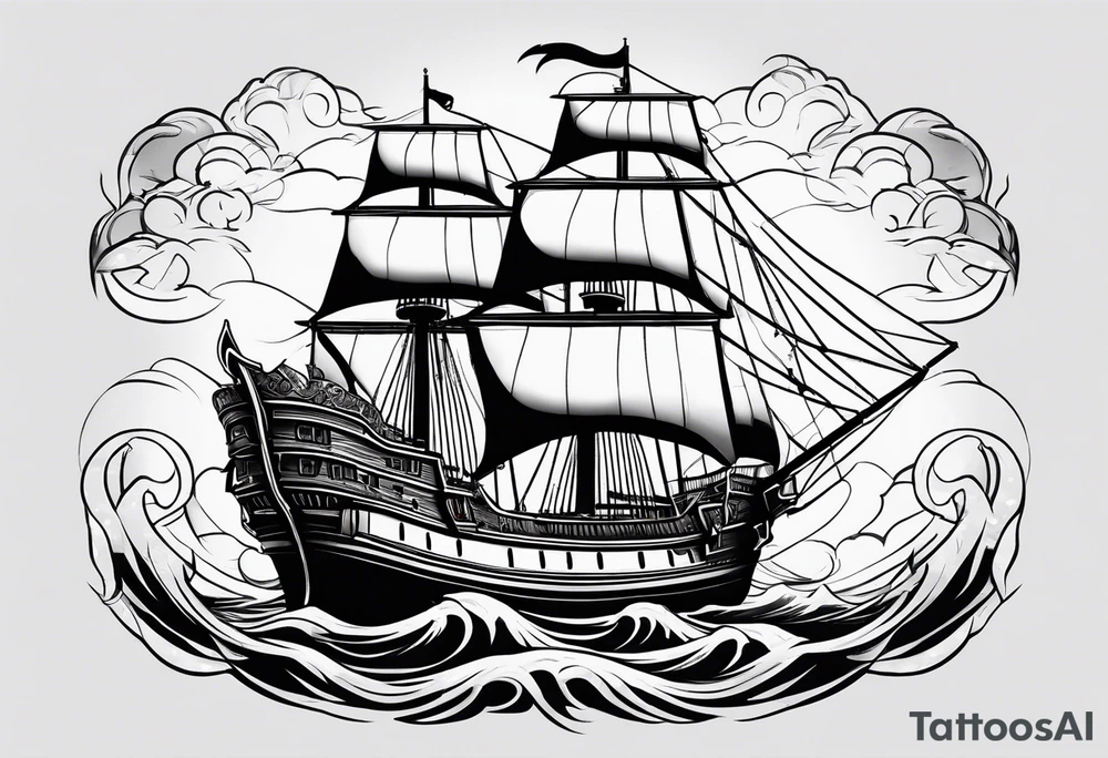 huge wooden ship with sun no clouds tattoo idea