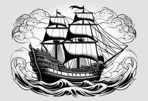 huge wooden ship with sun no clouds tattoo idea