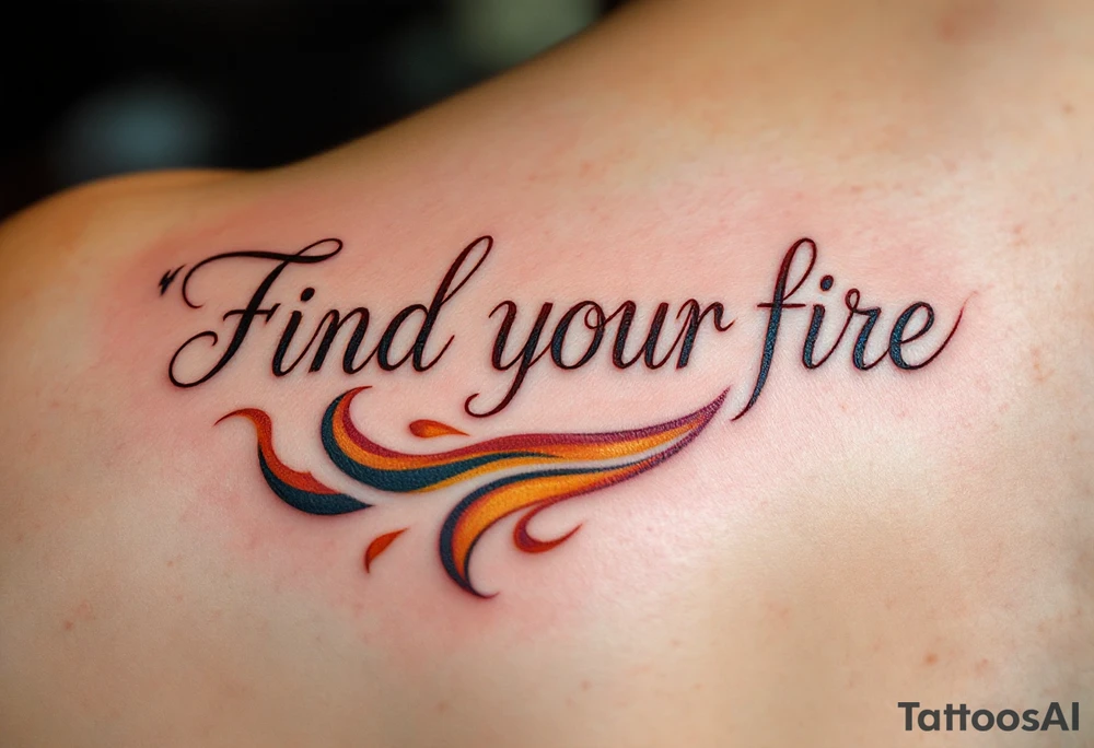 “Find your fire” in smoky red script, trailing into a stylized flame in rust and gold. tattoo idea
