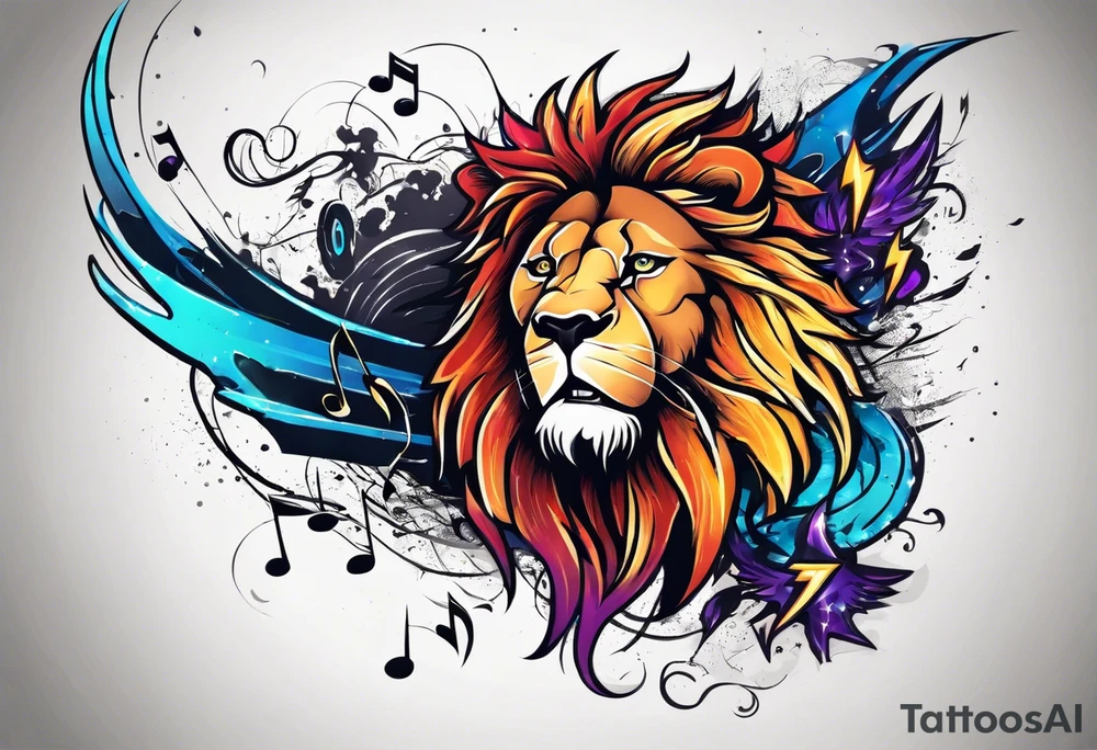 lion throwing music notes and thunder bolts tattoo idea