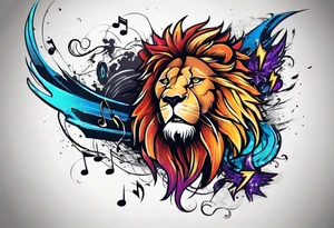 lion throwing music notes and thunder bolts tattoo idea