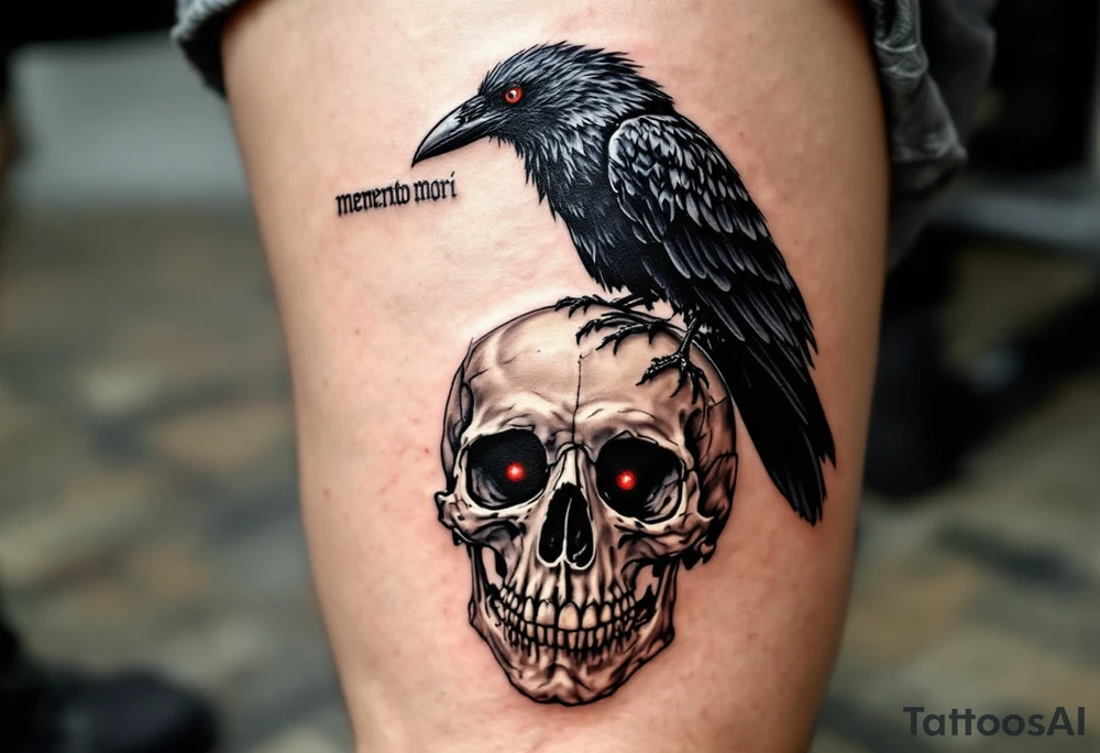 A dark gray raven perched on a human skull with deep red eyes, "memento mori" in handwritten blackletter across the top. tattoo idea