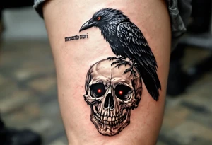 A dark gray raven perched on a human skull with deep red eyes, "memento mori" in handwritten blackletter across the top. tattoo idea