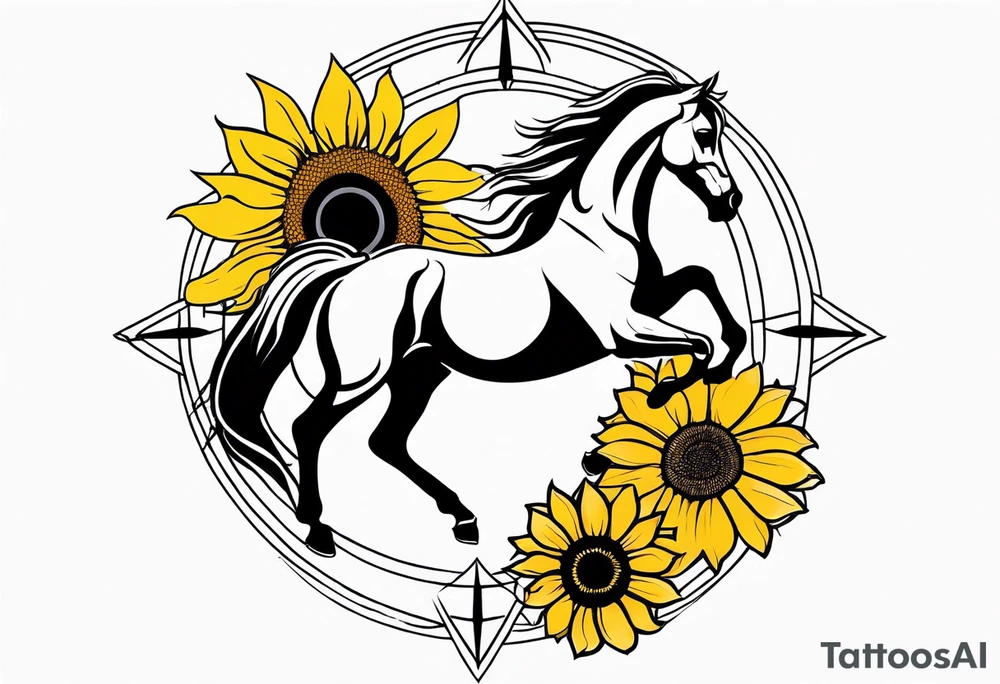 Horse, compass, sunflower tattoo idea