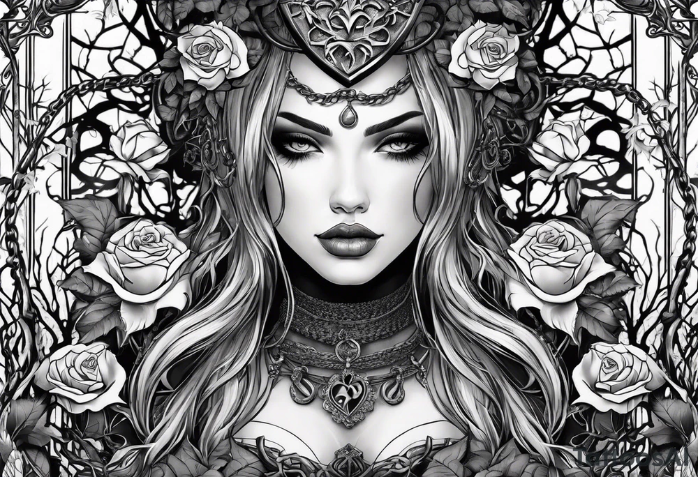 tattoo fool sleeve, tree roots break out of the chains, broken mask, gothic girl, roses tattoo idea