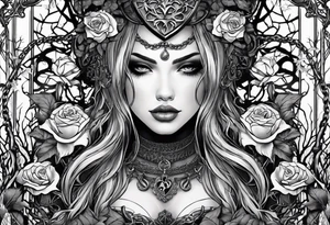 tattoo fool sleeve, tree roots break out of the chains, broken mask, gothic girl, roses tattoo idea