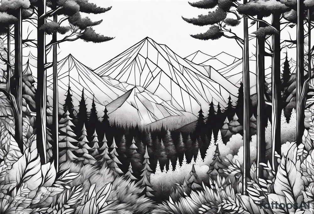 forest along the edges where there are fires below and in the distance with full trees tattoo idea