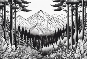 forest along the edges where there are fires below and in the distance with full trees tattoo idea