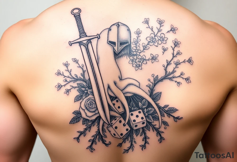 knight with sword and squid intertwined with climbing roses and tree roots with cherry blossoms rolling dice tattoo idea
