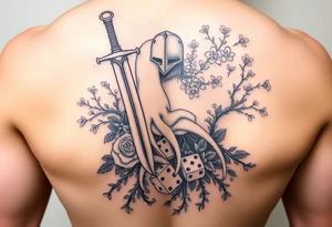 knight with sword and squid intertwined with climbing roses and tree roots with cherry blossoms rolling dice tattoo idea