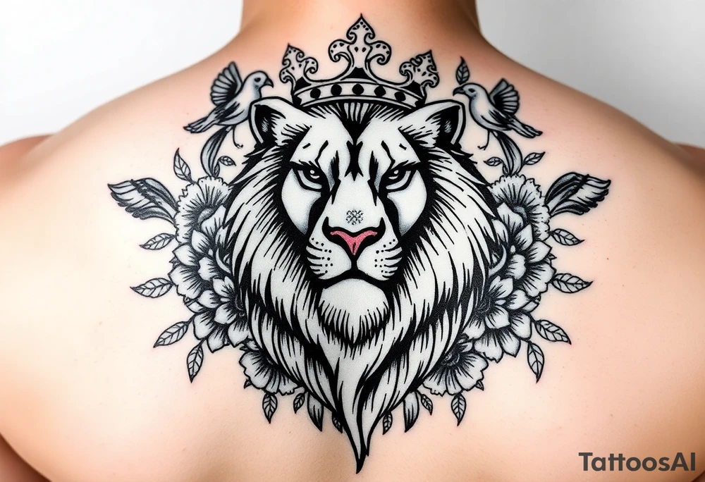 powerful majestic lion with a crown, surrounded by floral ornaments and birds tattoo idea