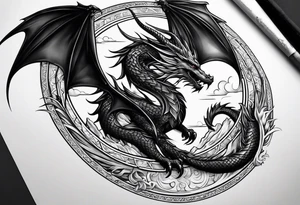 Dragon roman empire building straight lines sun moon tattoo idea