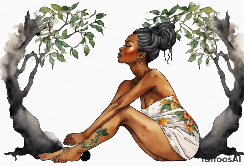 a beautiful black woman with feet that turn into tree roots, reaching towards the sun tattoo idea