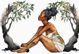 a beautiful black woman with feet that turn into tree roots, reaching towards the sun tattoo idea