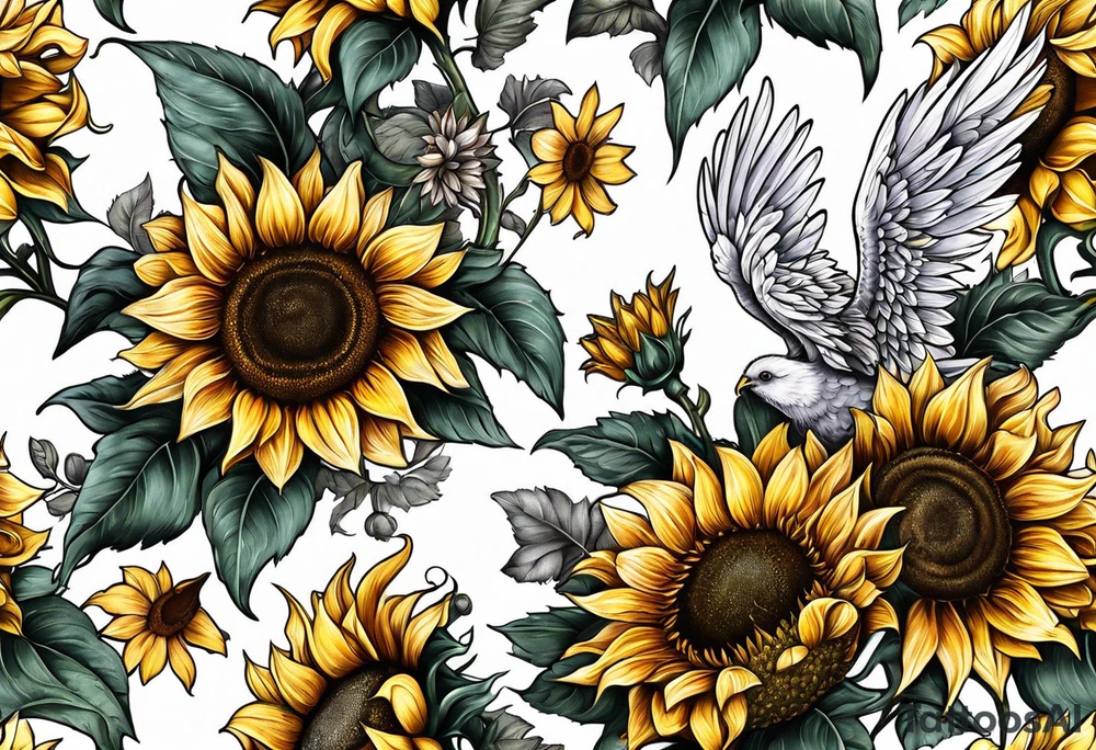 Sunflowers and angel wings leg sleeve tattoo idea