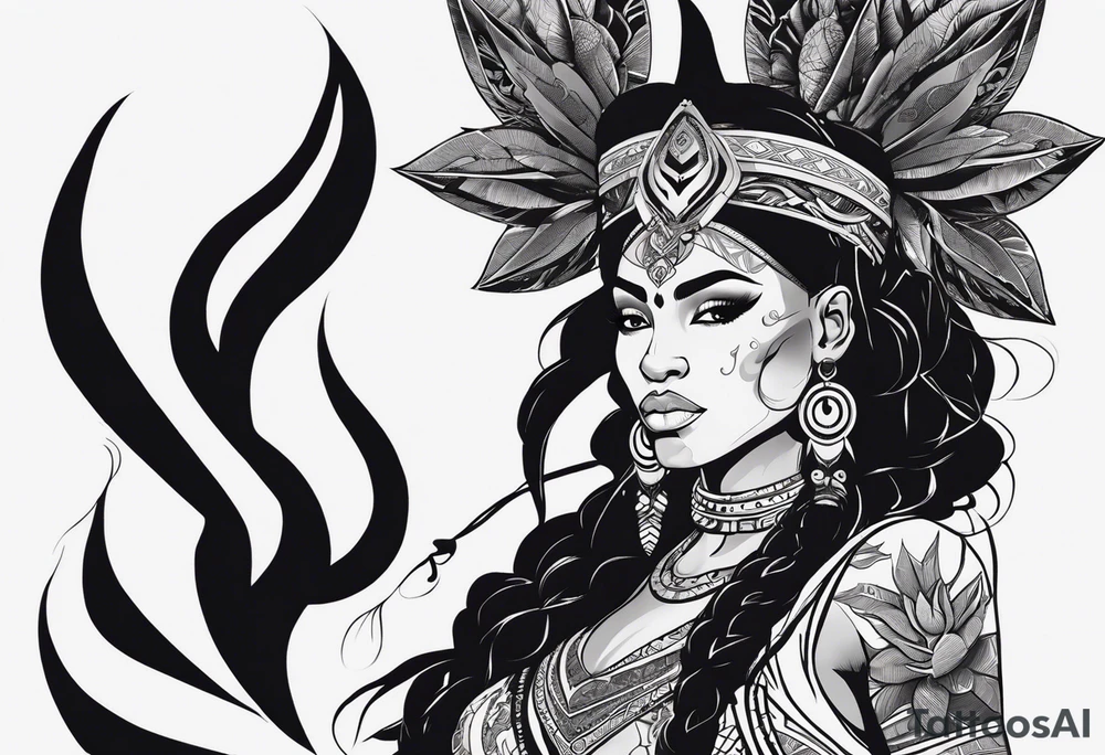 valkrye, kali, pirate, african goddess, , warrior, native american, lotus, zenza resonance, skulls, dragon, pachamama, left side face, chest, right wing, tattoo idea