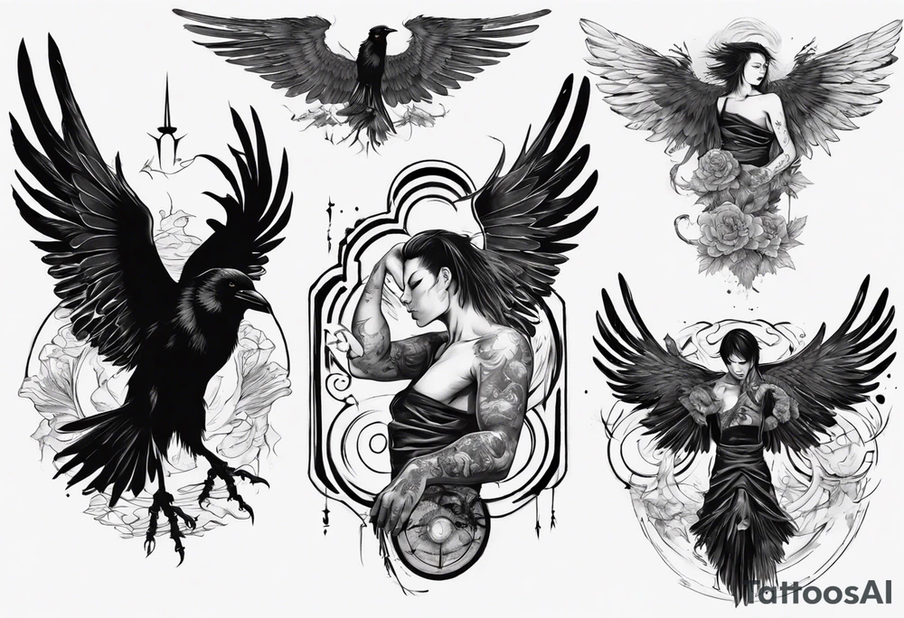 A human with a crow head with wings tattoo idea