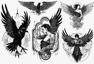 A human with a crow head with wings tattoo idea
