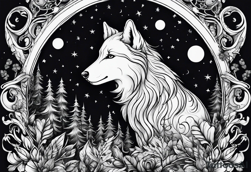 Lupo nella foresta con luna piena tattoo idea