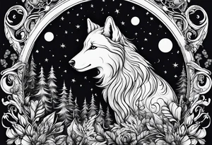 Lupo nella foresta con luna piena tattoo idea