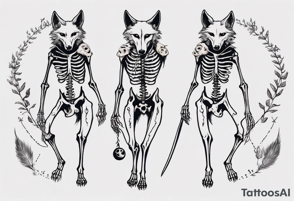 two wolf skeletons dancing with bone tails and bone ears tattoo idea two wolf skeletons dancing with bone tails and bone ears tattoo idea