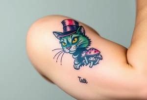 coloured cheshire cat, with top hat and mushrooms tattoo idea