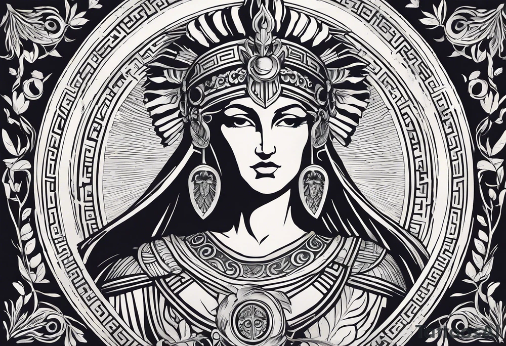 A stunning tattoo depicting elements of Greek mythology. At the center is Athena, the goddess of wisdom and warfare, portrayed in a three-quarter view with her helmet and spear. Her gaze is fierce yet wise, embodying her dual nature. Surrounding her are intricate details of olive branches, symbolizing peace, and an owl perched on her shoulder, representing wisdom. Below Athena, the majestic Mount Olympus rises, with clouds swirling around its peak. On one side, the powerful figure of Zeus wields his thunderbolt, while on the other side, Poseidon commands the seas with his trident. In the background, faint outlines of the Parthenon and other ancient Greek temples add depth to the scene. The entire design is done in fine black and grey shading, with hints of gold to accentuate the divine elements, creating a timeless and powerful piece.

This description should give a detailed idea for a tattoo artist to create a piece inspired by Greek mythology. tattoo idea