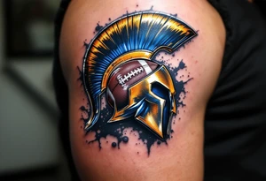 A half-football, half-hockey ball fused behind a gleaming golden Sparta "S" logo with blue accents. tattoo idea