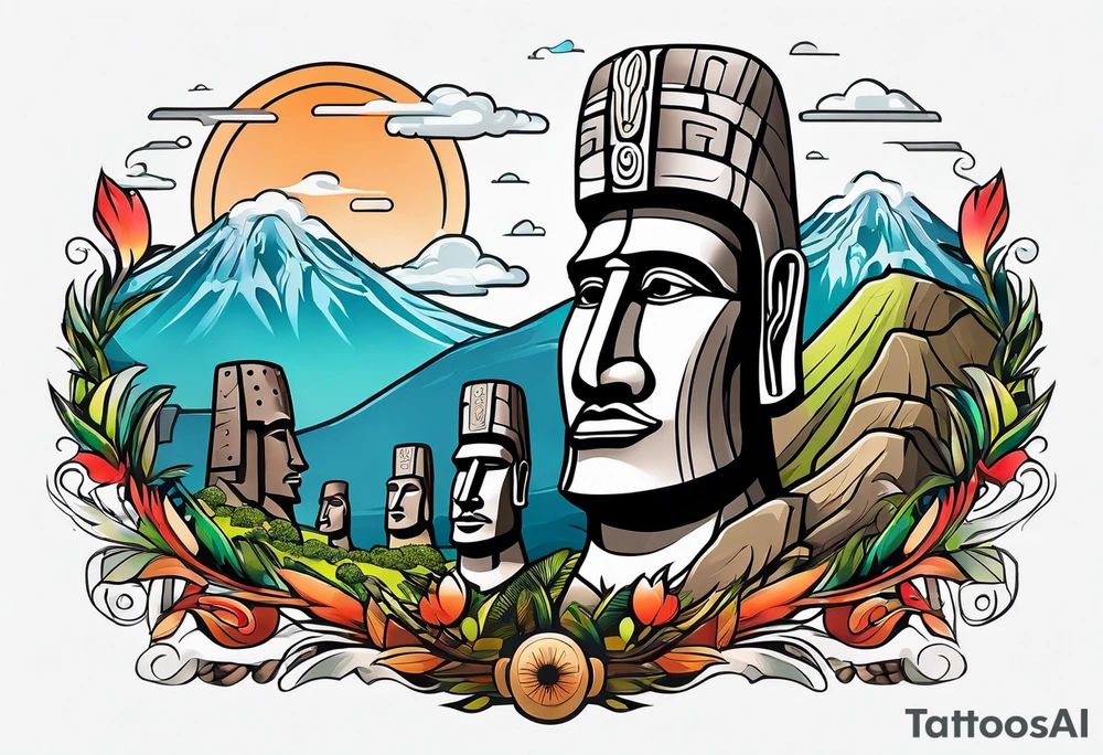 Easter island heads on an island landscape and hawks circling above tattoo idea