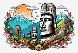 Easter island heads on an island landscape and hawks circling above tattoo idea