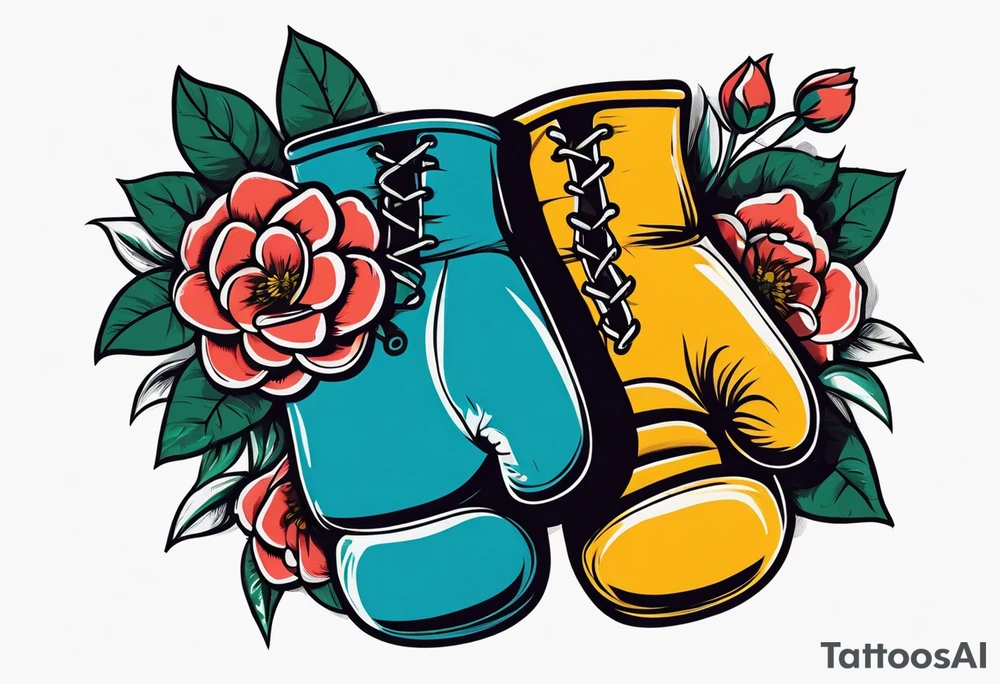 boxing gloves and flowers around the gloves  bold colors traditional old school vintage tattoo idea