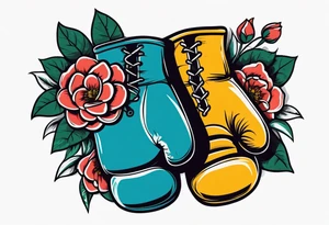 boxing gloves and flowers around the gloves  bold colors traditional old school vintage tattoo idea