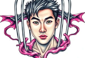 Handsome Asian young guy in evils cage tattoo idea