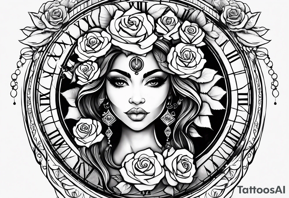 Hispanic/ Latin  goddess, love, forgiveness, strength, peace, cancer zodiac , small clock on face, rose , face half skull tattoo idea