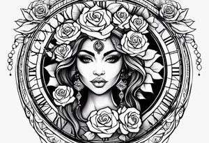 Hispanic/ Latin  goddess, love, forgiveness, strength, peace, cancer zodiac , small clock on face, rose , face half skull tattoo idea